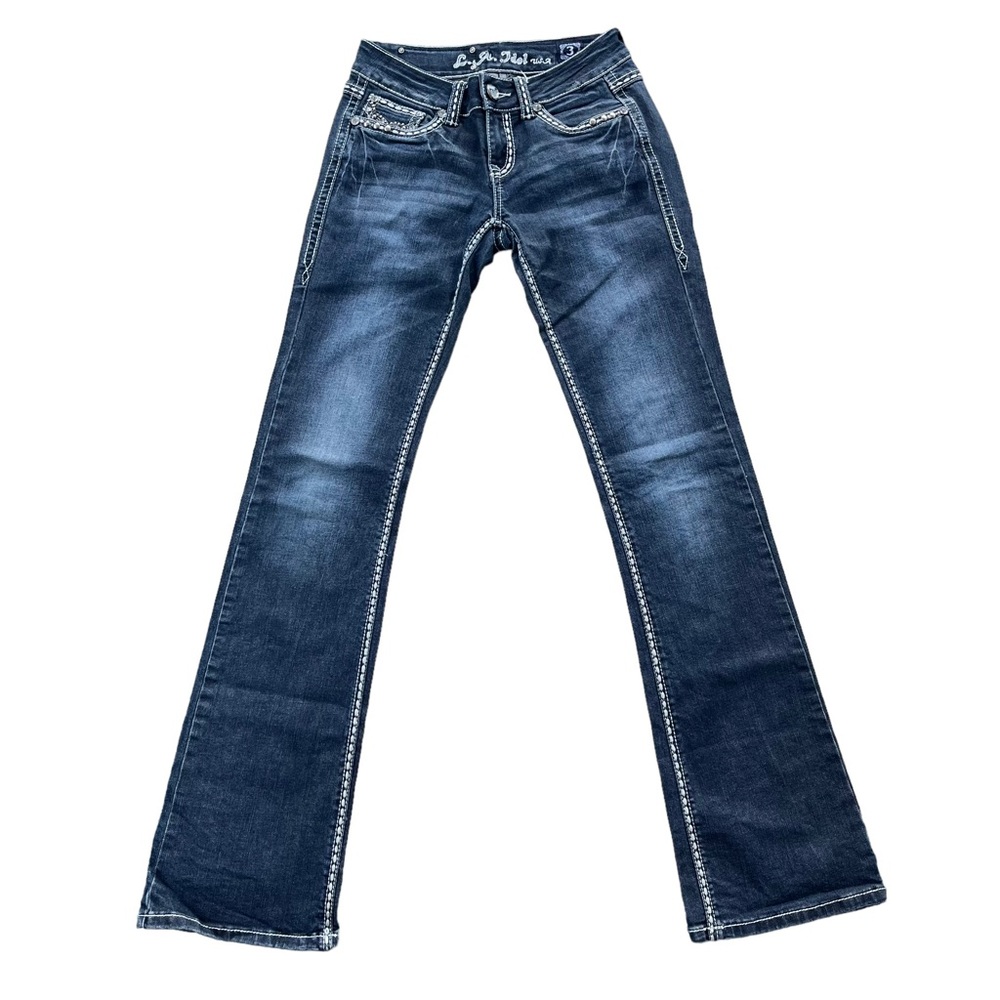 L.A. Idol USA Women’s 3 28W X 34L Dark Wash Studded Sparkle Detail Bootcut Jeans - Picture 2 of 13